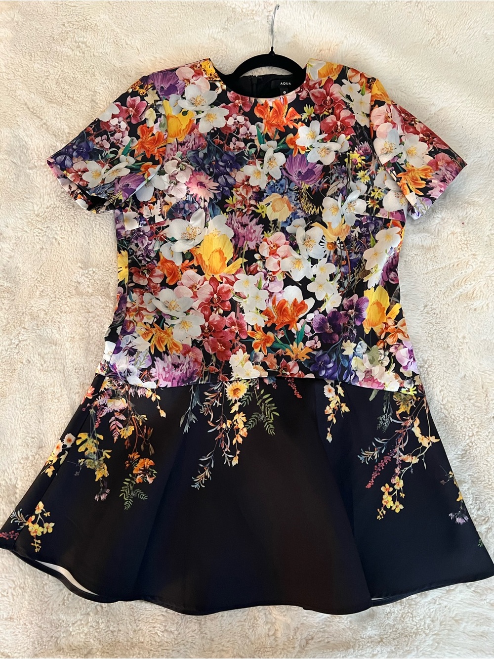 Aqua Black Floral Short Sleeve Tee with Multicolor Blooms